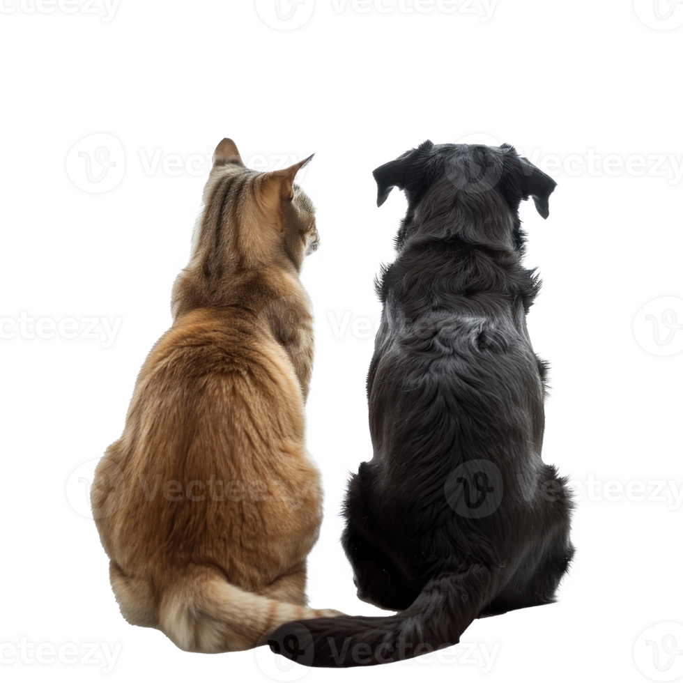 Rear view of cat and dog sitting and looking back at camera isolate on white background png