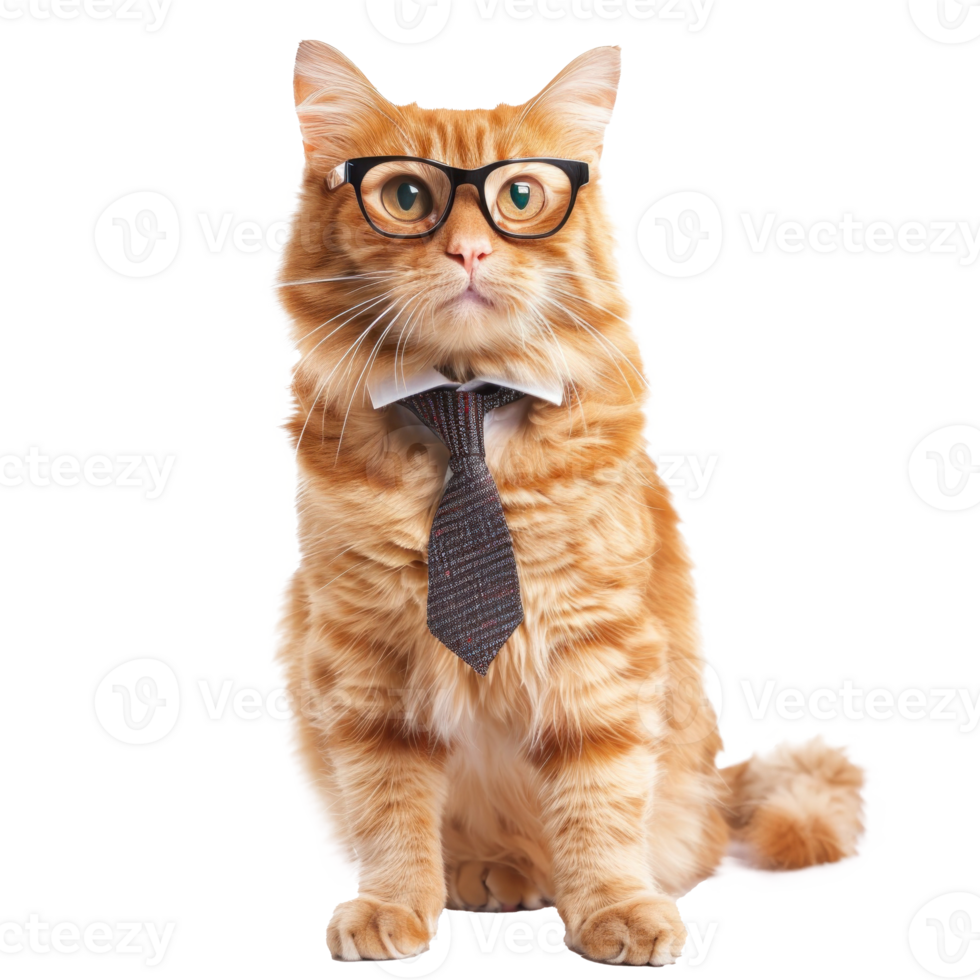 cat wearing glasses and tie, full body standing isolate on white background, png