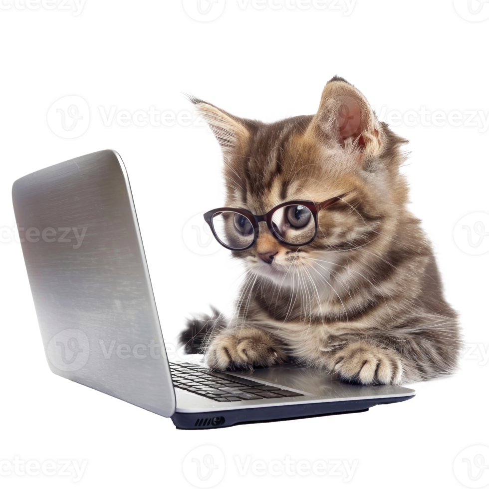 cat wearing glasses using laptop isolate on white background png