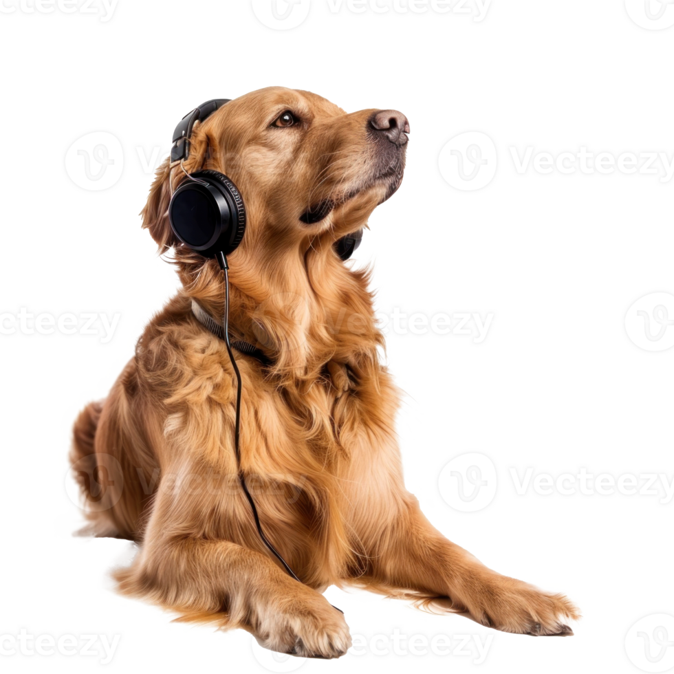 Dog with eyes close listening to music wearing headset, full body isolate on white background png