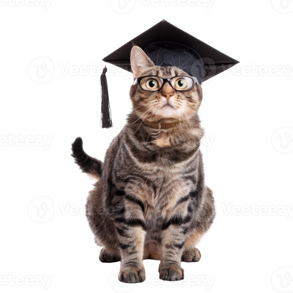 cat wearing glasses and graduate cap, full body standing isolate on white background, png