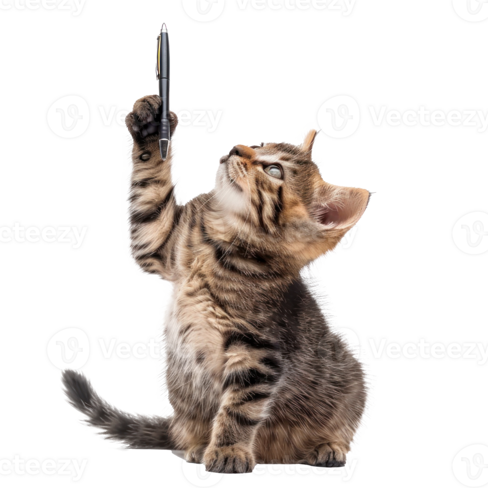 Cat standing with pen in mouth isolate on white background png