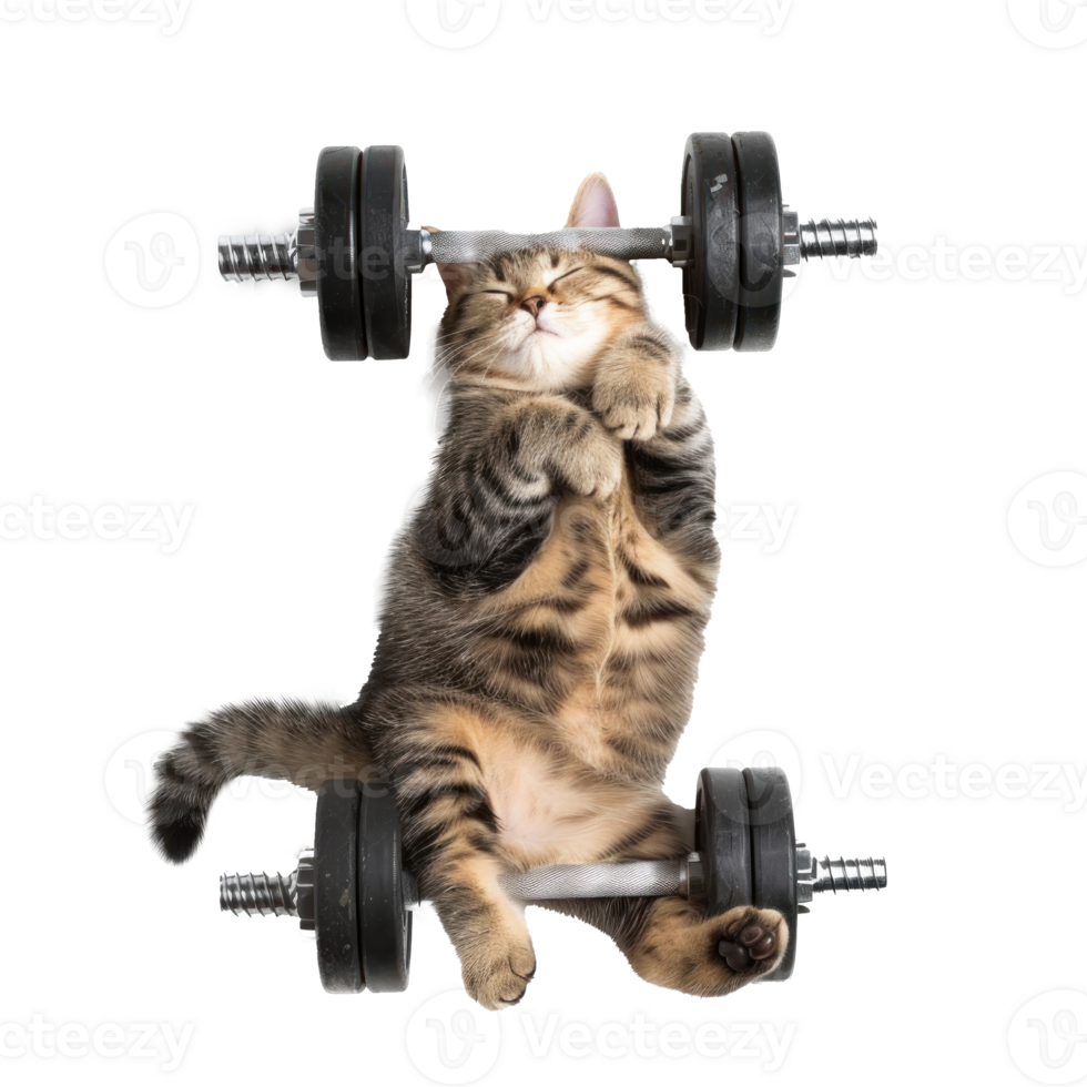 cat doing and exercising sport with Dumbbell bar, top view full body isolate on white background png