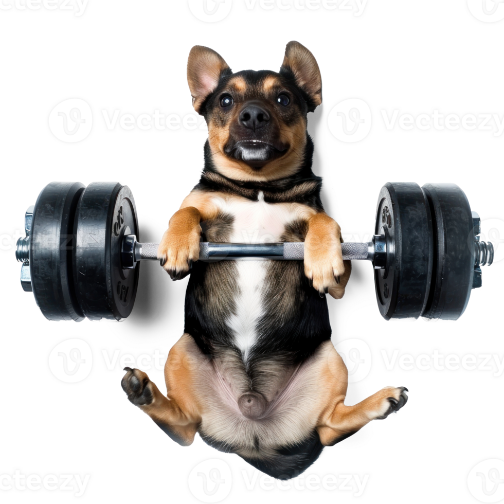 dog doing and exercising sport with Dumbbell bar, top view full body isolate on white background png