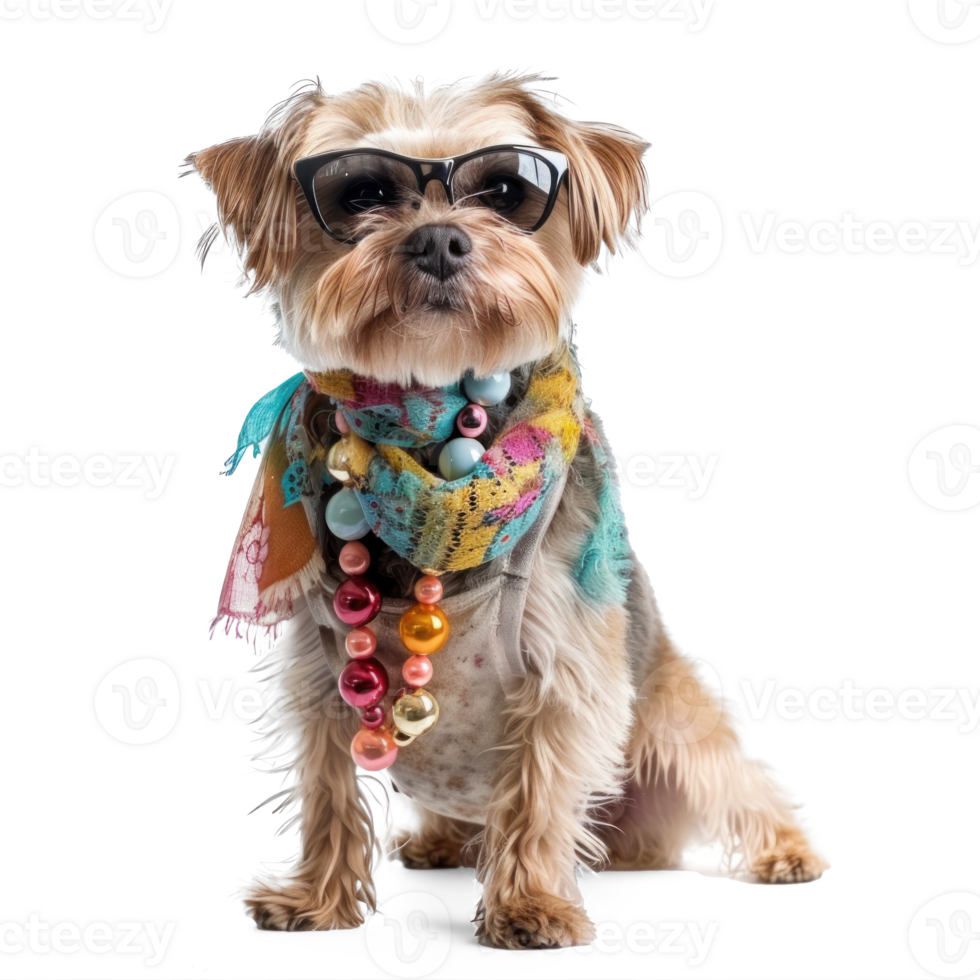 Fashion female dog wearing scarf and necklace with sunglasses, full body standing isolate on transparency background png