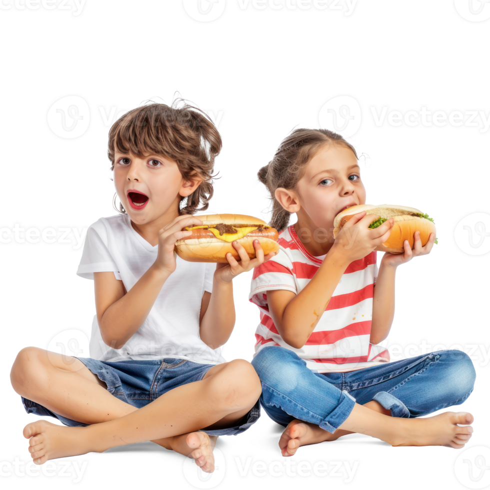 two children eating hot dogs on a transparency background png