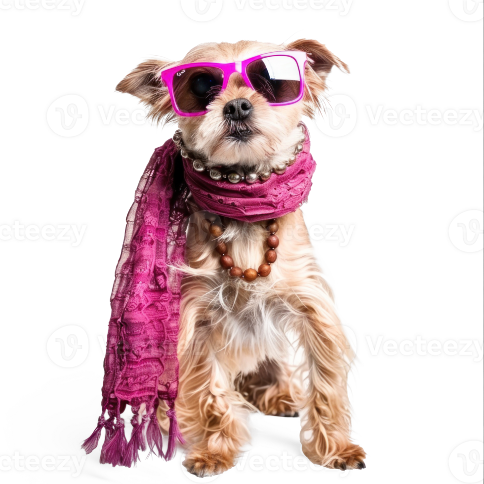 Fashion female dog wearing scarf and necklace with sunglasses, full body standing isolate on transparency background png