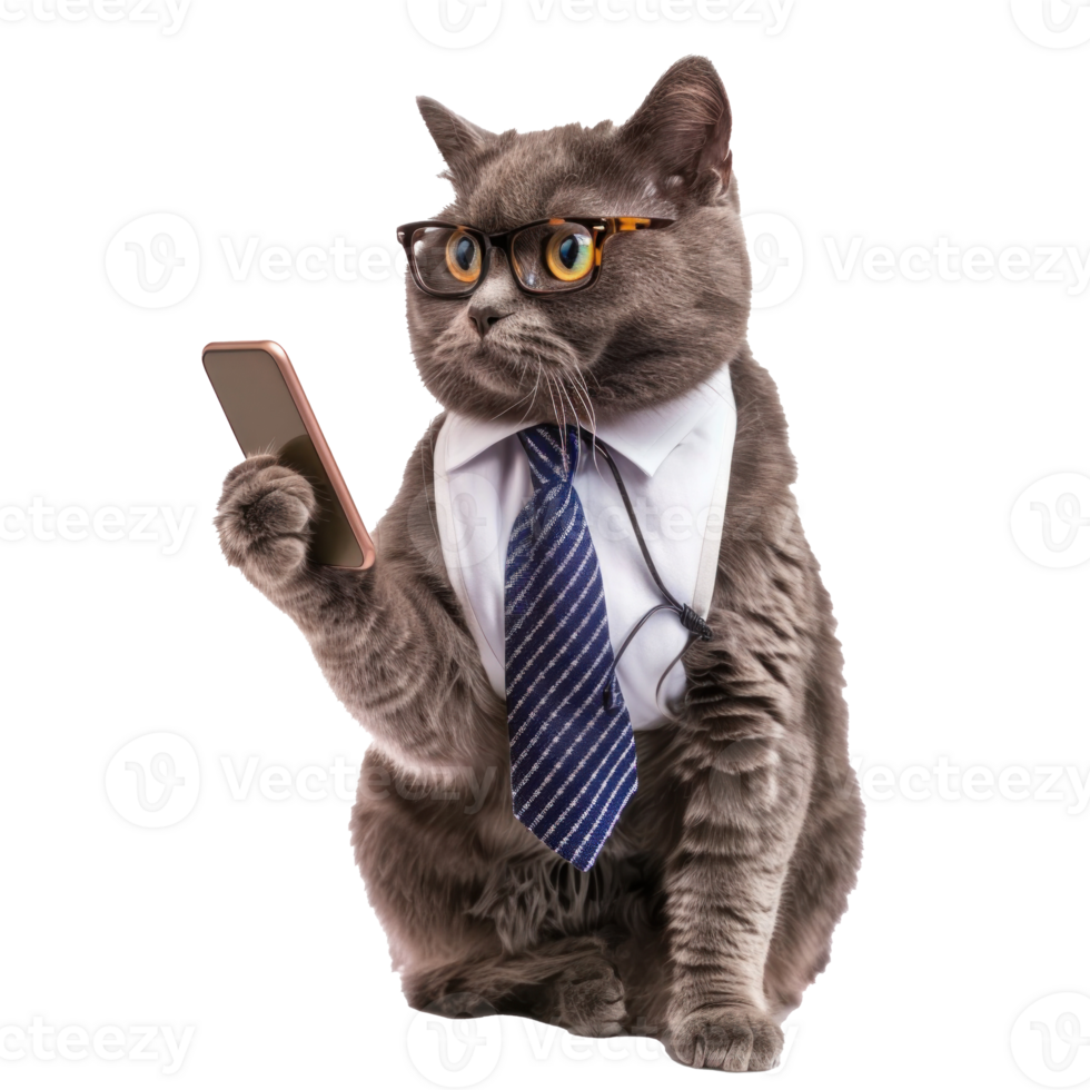 cat wearing glasses and tie using smart phone, full body standing isolate on white background, png
