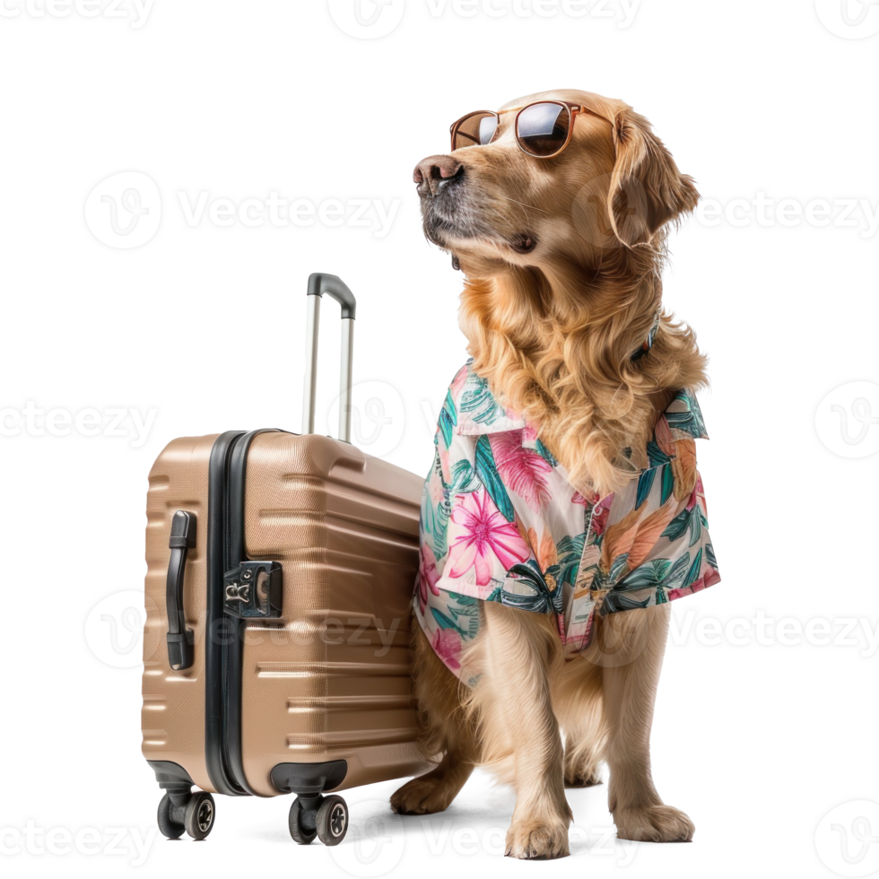Dog wearing summer shirt with sunglasess standing near travel suitcase isolate on white background png