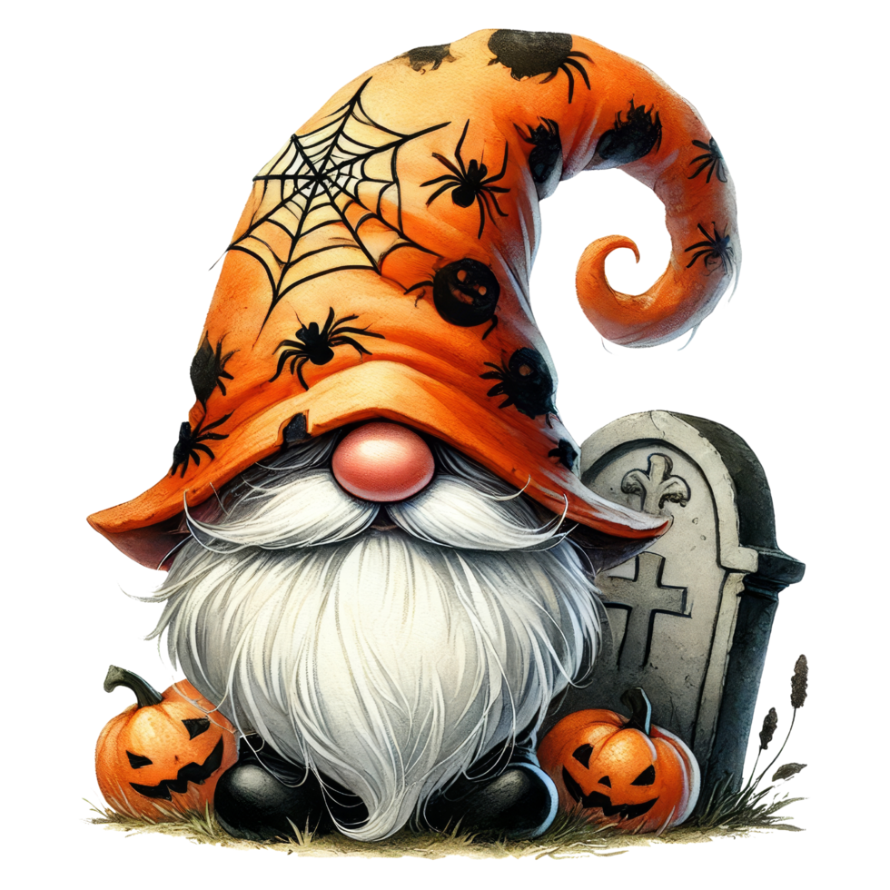 Halloween Gnome with Pumpkins and Gravestone png