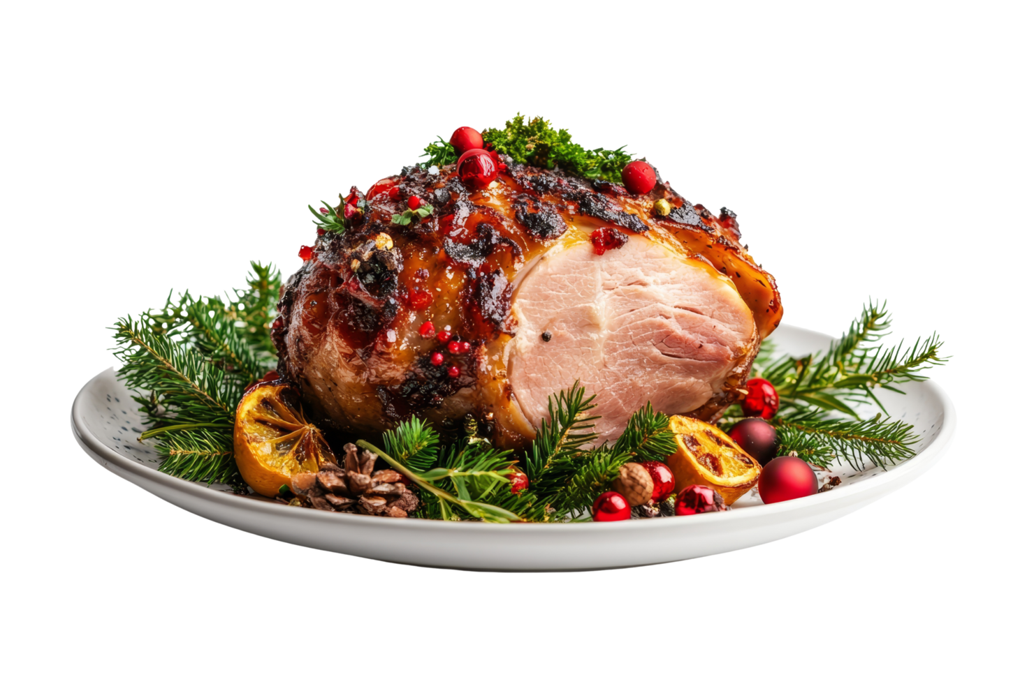 Festive christmas ham display isolated on white background food photography holiday decor close-up view png