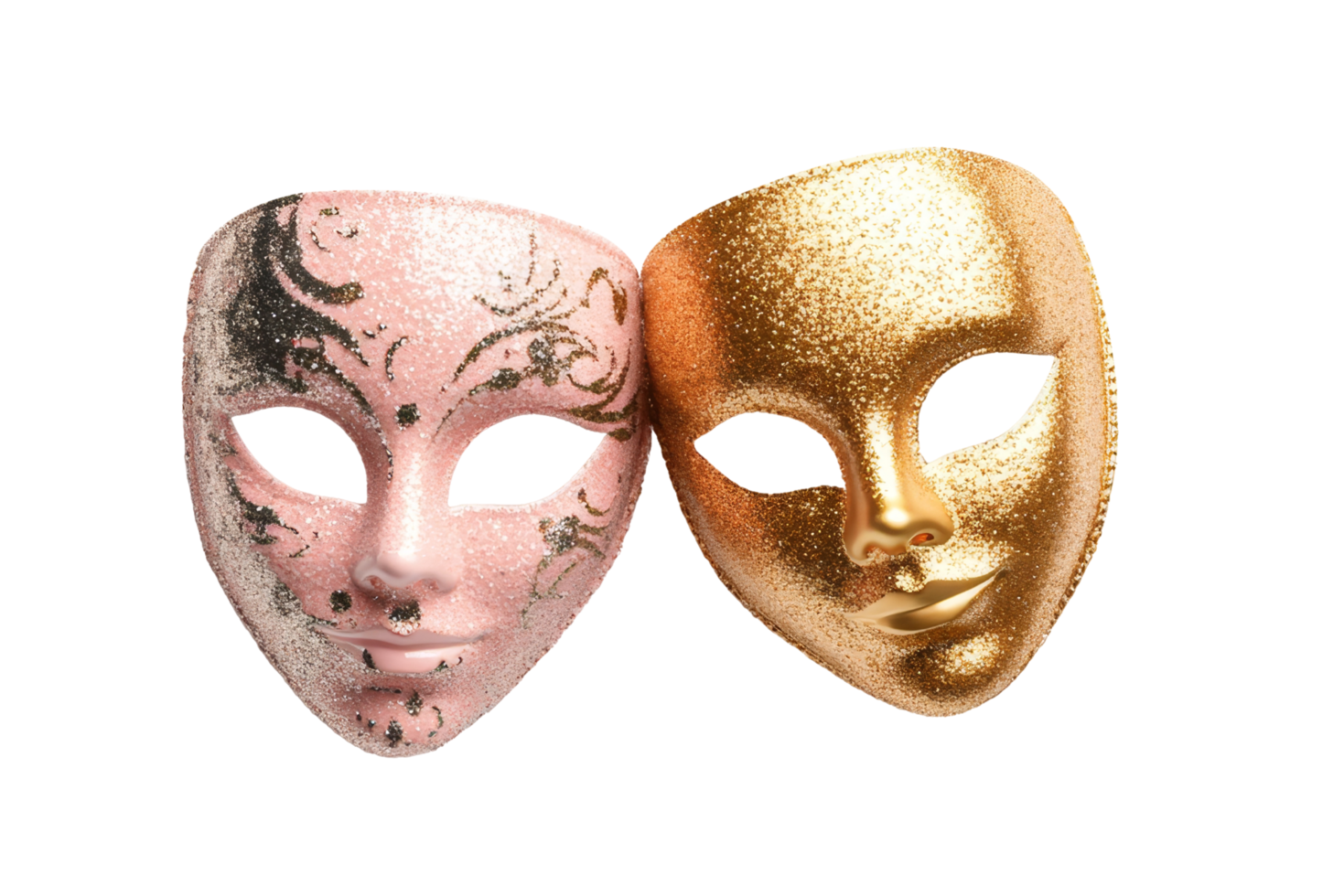 Glitter-covered masks isolated on white background artistic display studio environment close-up png