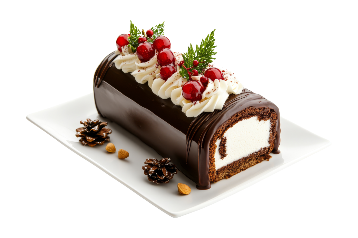Festive yule log cake display isolated on white background culinary art dessert concept png