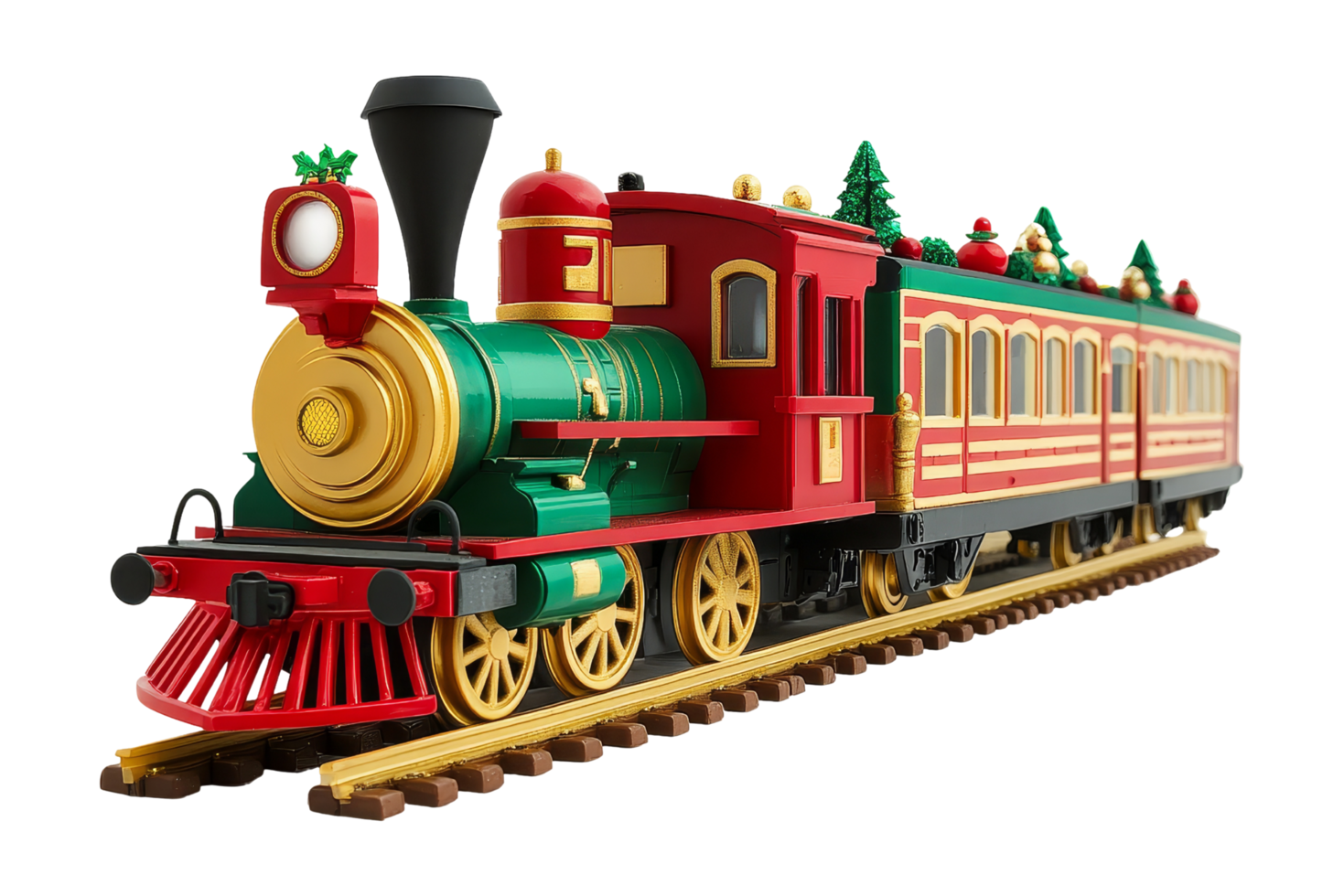 Festive train ride holiday setting decorative model indoor display close-up view christmas spirit png