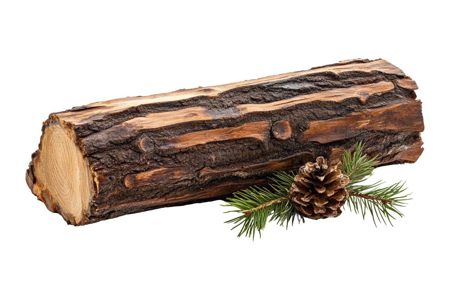 Natural wooden log with pinecone and greenery home decor rustic setting close-up view nature aesthetic png