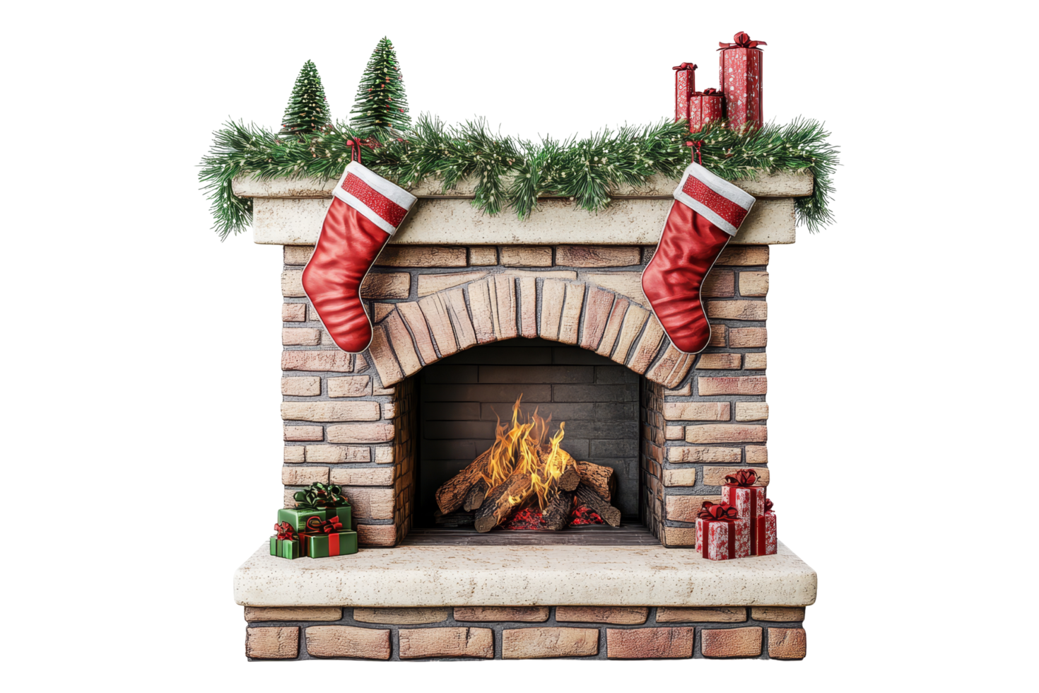 Cozy holiday fireplace decorated with stockings and gifts festive atmosphere indoor view png
