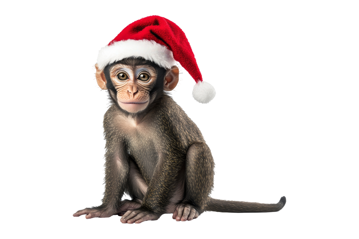 Festive action monkey in santa hat studio setting cute animal portrait whimsical vibe png