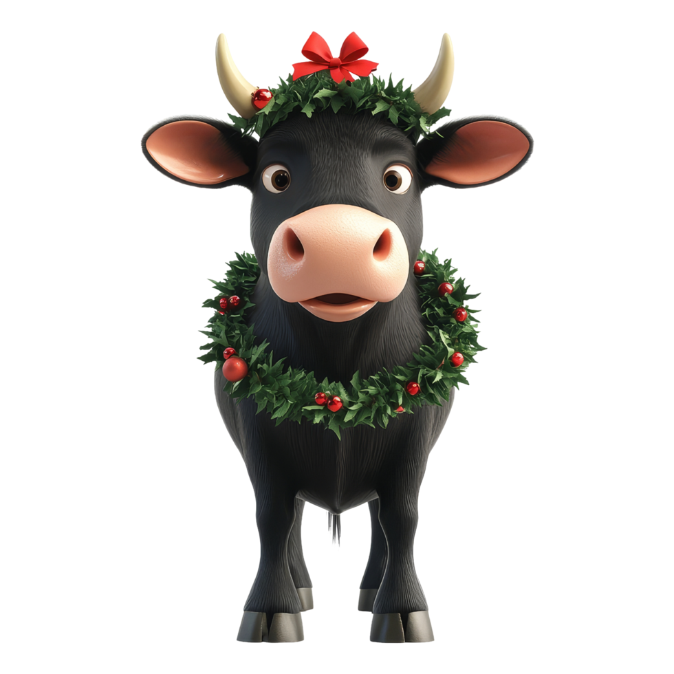 Festive cow with wreath and bow celebrating christmas studio animated character joyful vibe png
