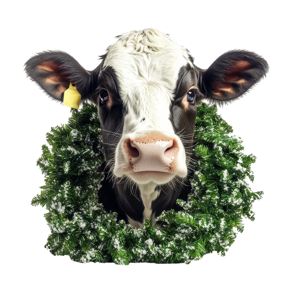 Festive cow portrait farmyard animal photography seasonal decor close-up whimsical theme png