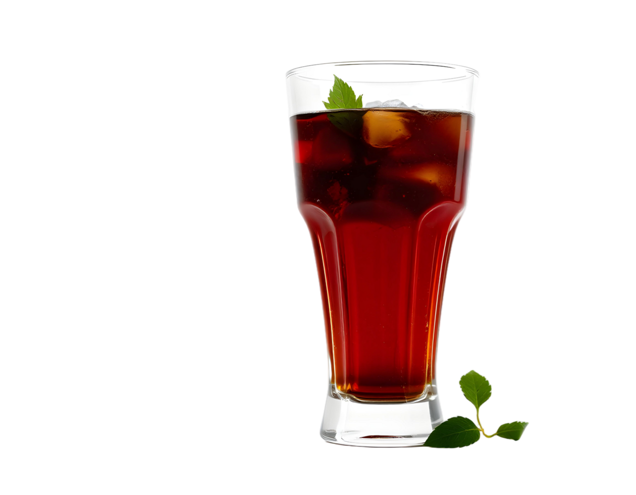 A glass of iced tea with a leaf on top png