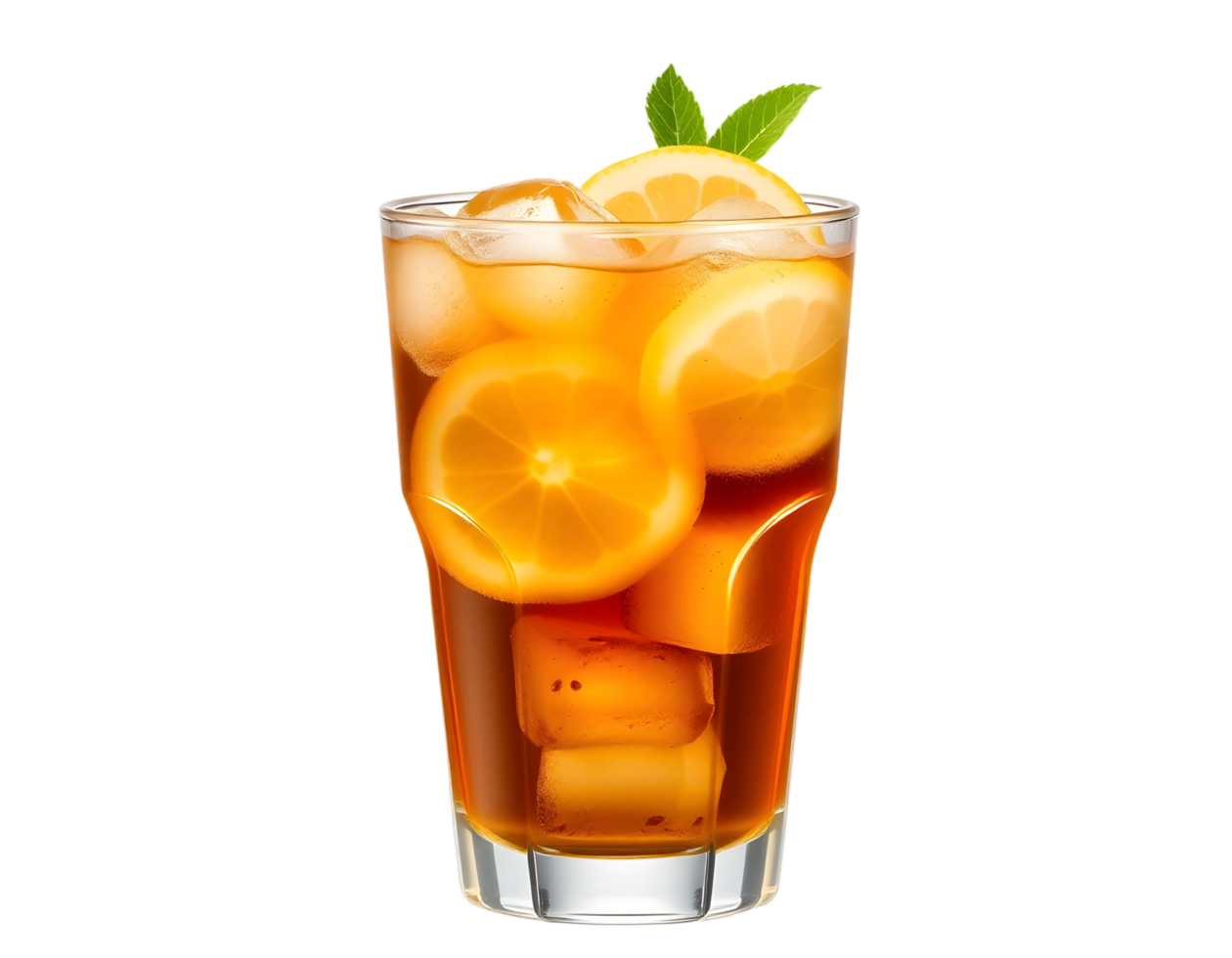 A glass of iced tea with lemon slices png