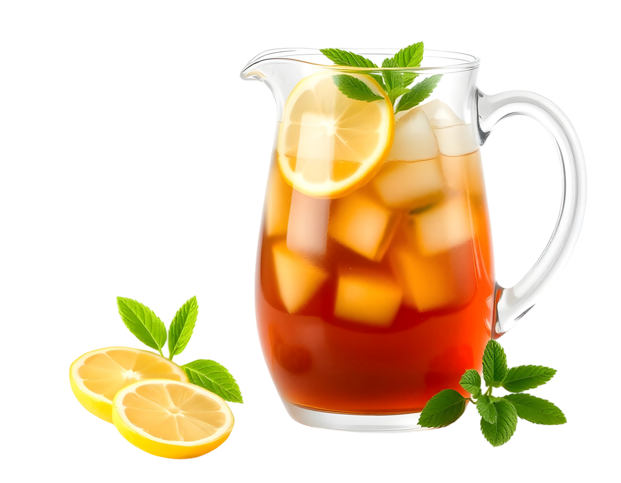 A pitcher of iced tea with lemon slices and mint leaves png