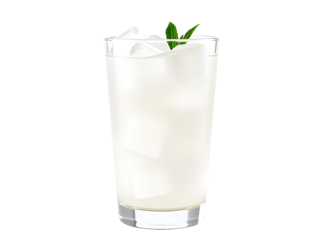 A glass of white drink with ice and a green leaf png