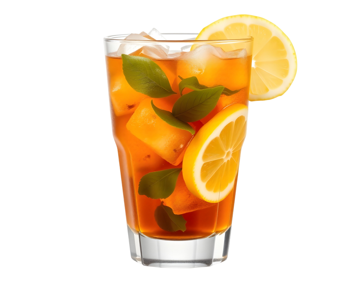 A glass of iced tea with lemon slices and mint leaves png