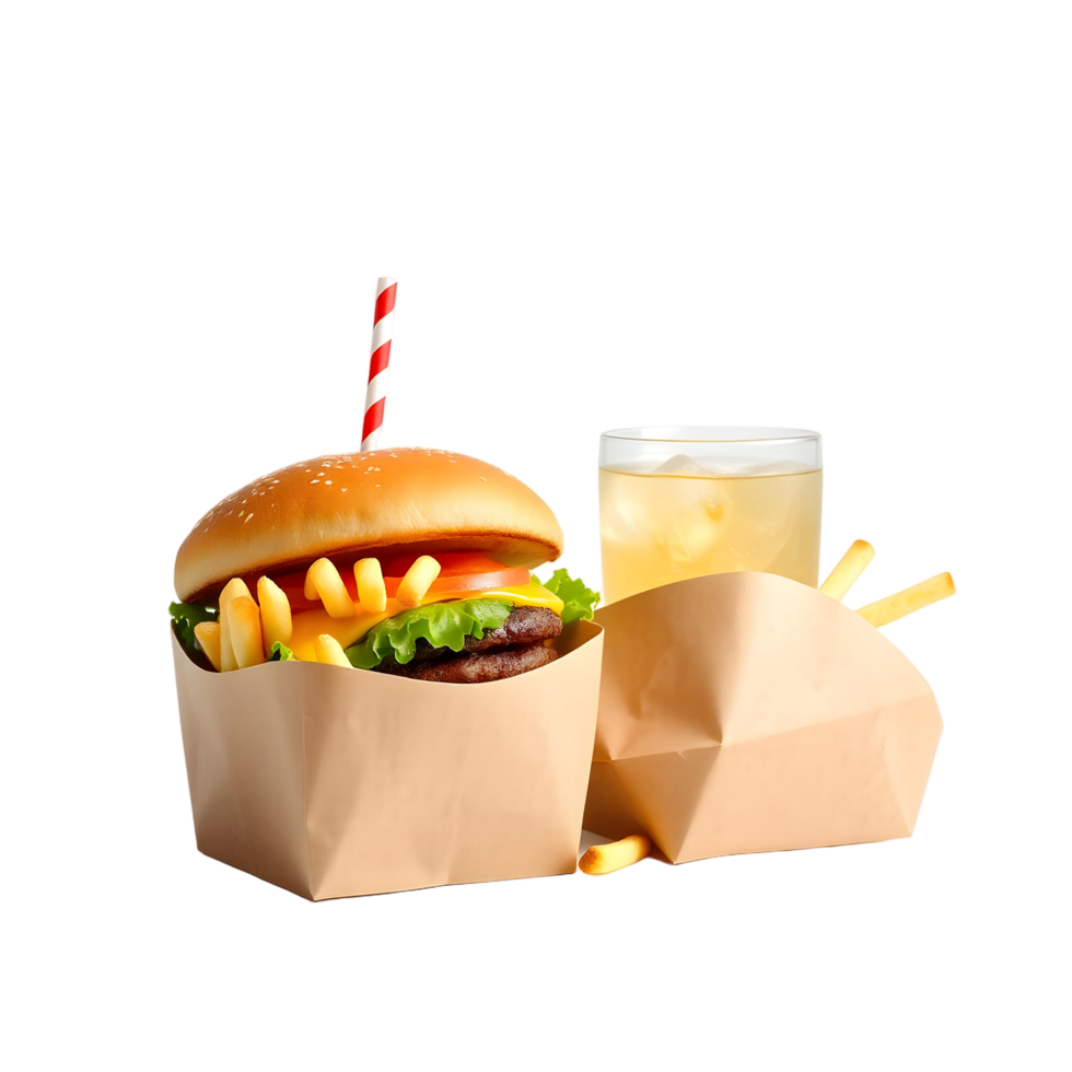 A hamburger and fries in a paper bag png