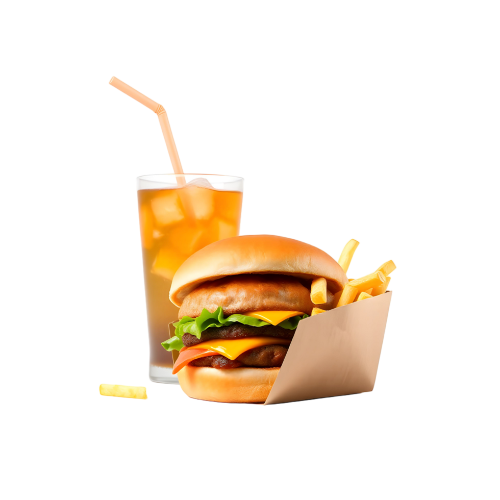 A hamburger and fries with a drink on a black background png