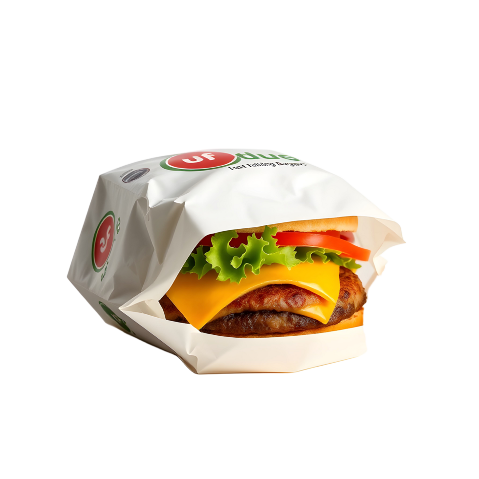 A hamburger is wrapped in a paper bag png