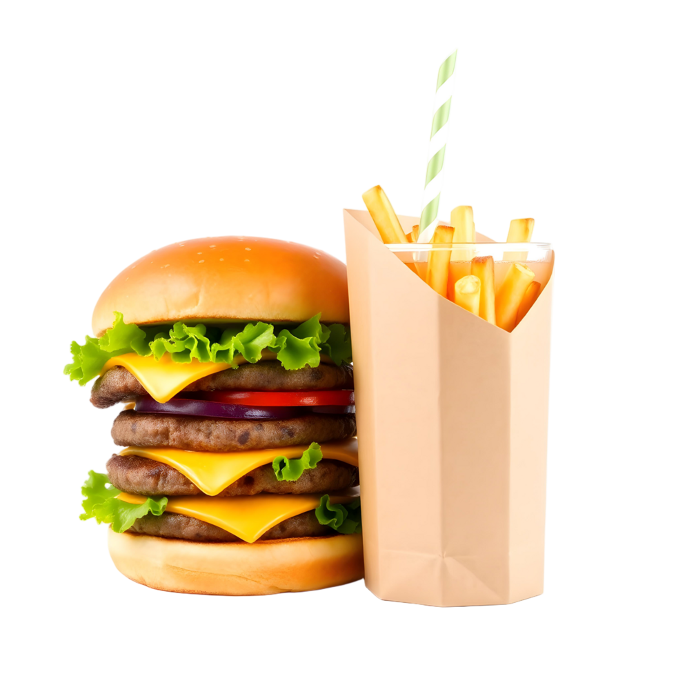 A hamburger and french fries in a paper bag png