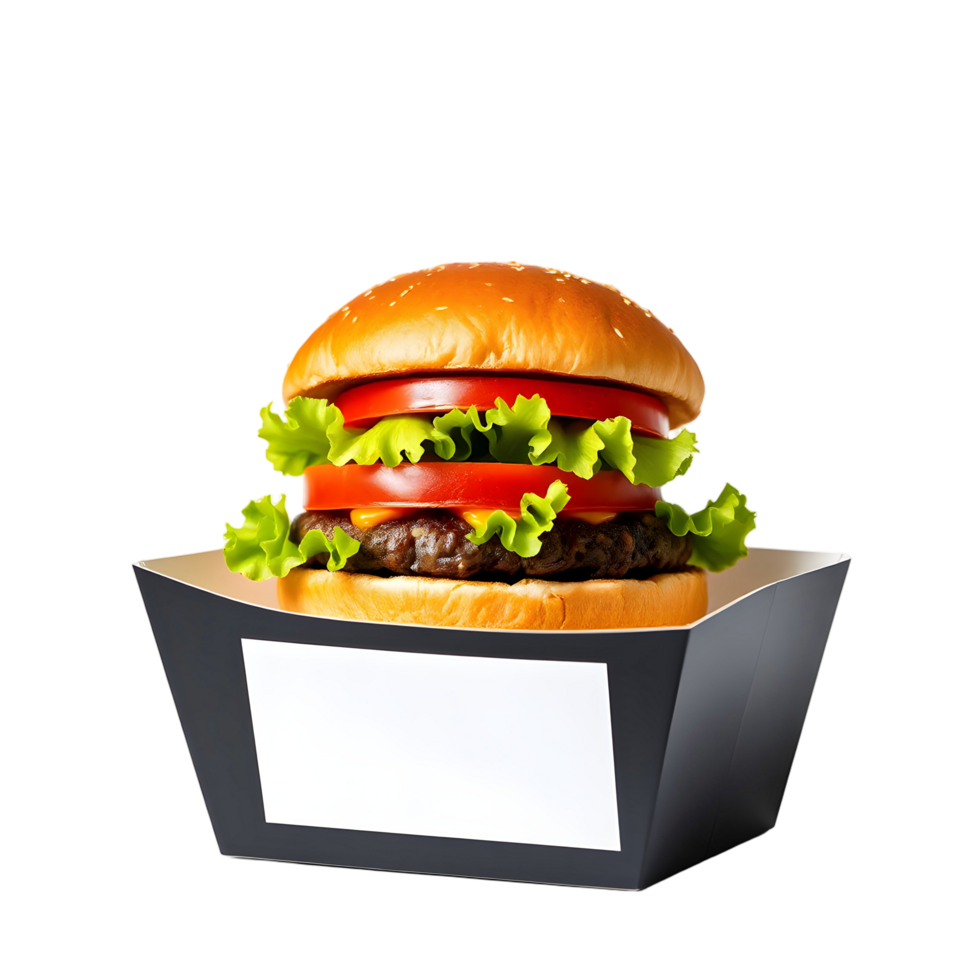 A hamburger is in a black box with a white label png
