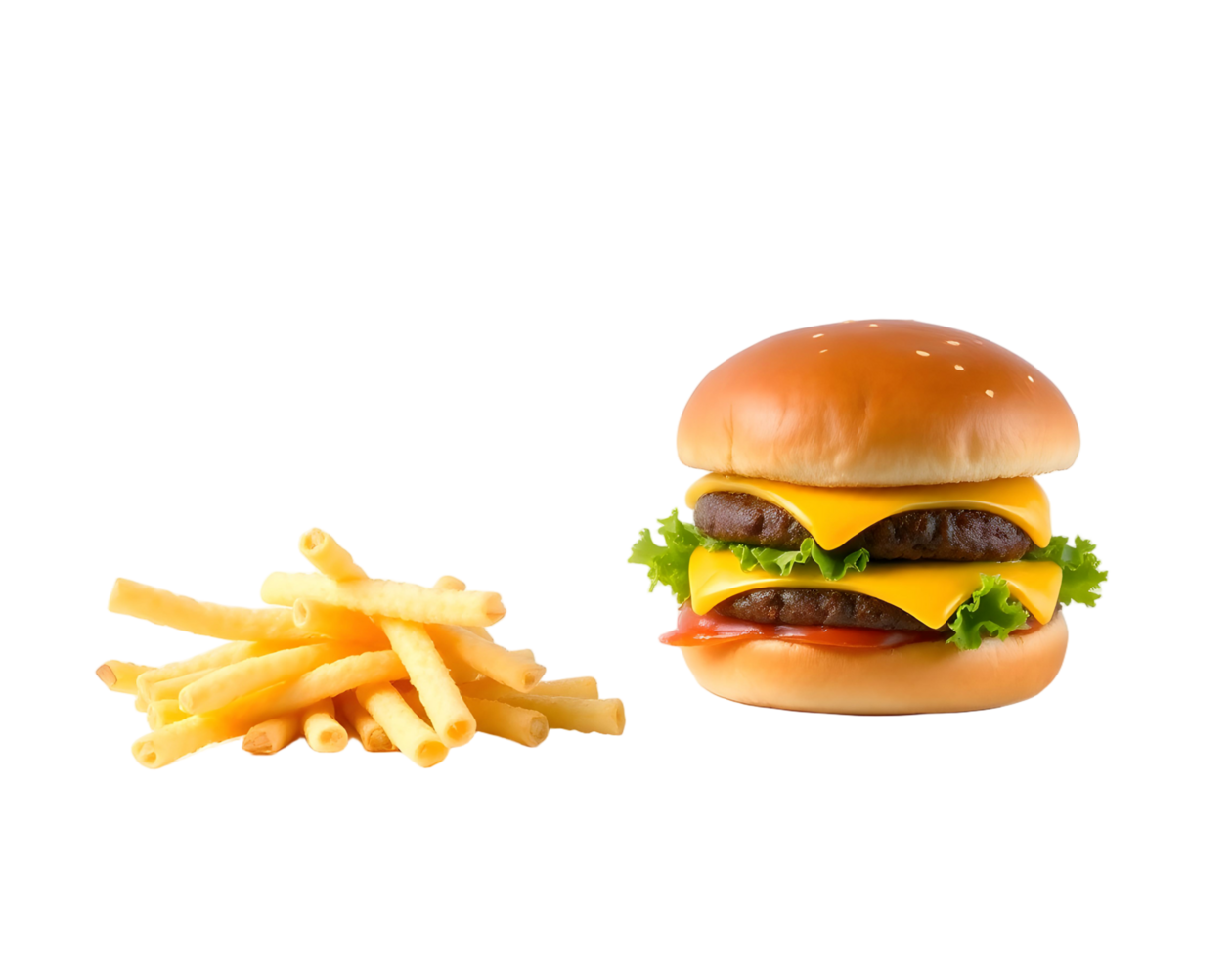 A hamburger and fries on a black background png