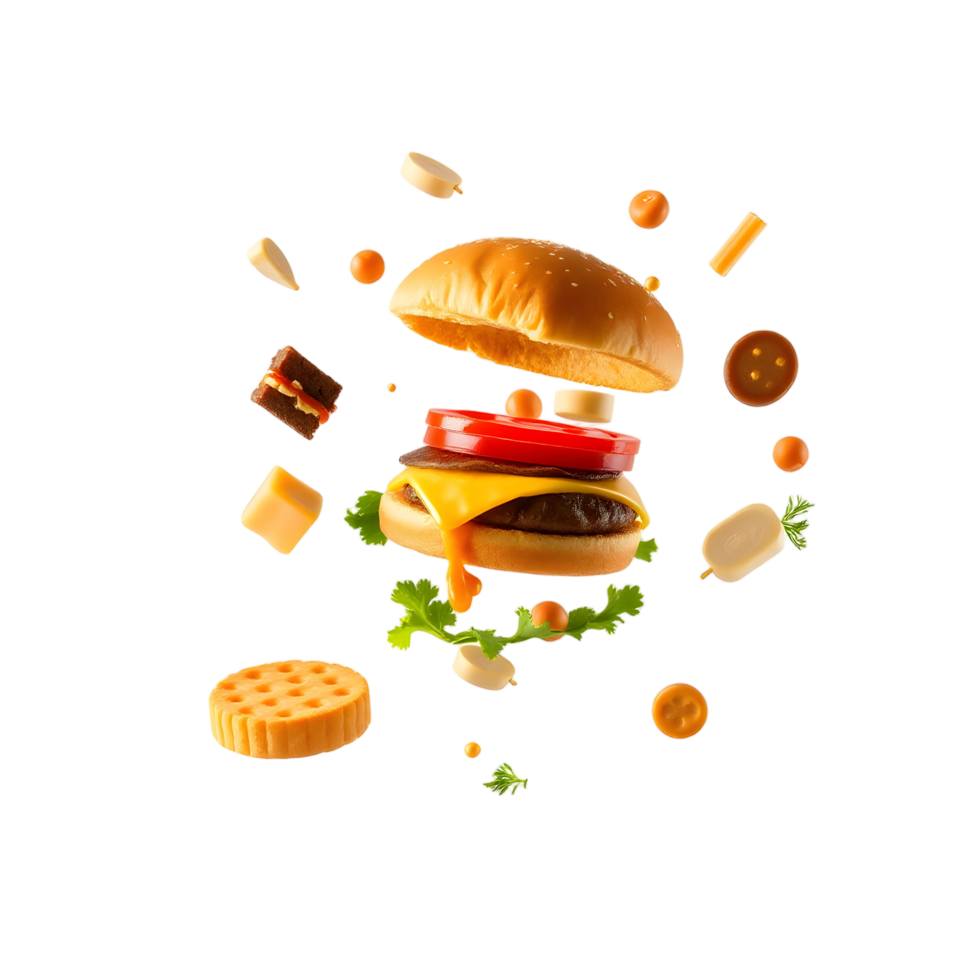 Burger with cheese, lettuce, and other ingredients png