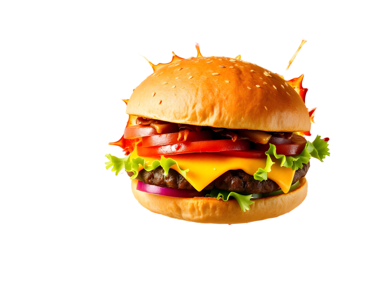 A hamburger with cheese, lettuce and tomato png