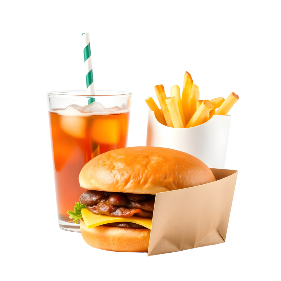 A hamburger and french fries are shown next to a drink png