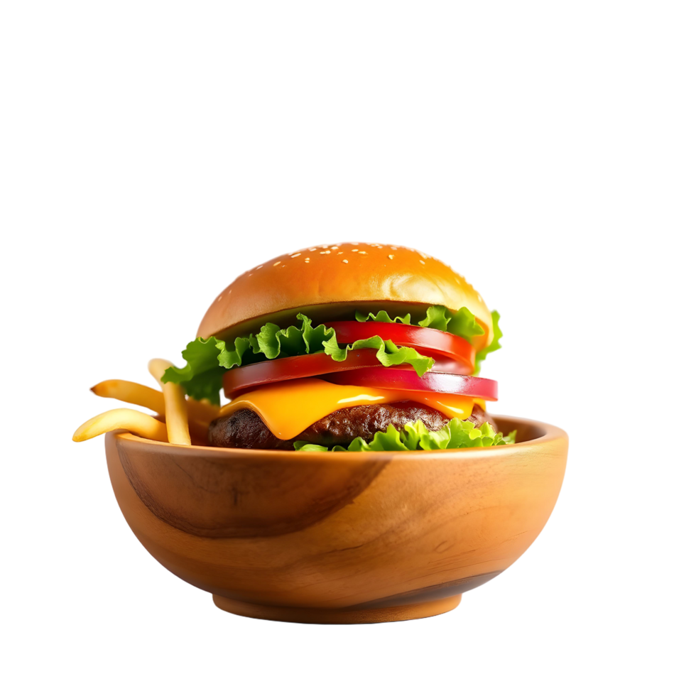 Hamburger and fries in wooden bowl on black background png