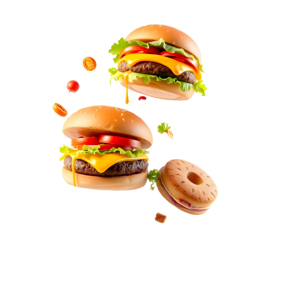 Three hamburgers are flying in the air png