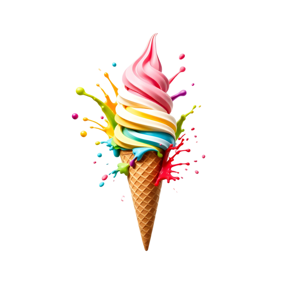 Ice cream in a waffle cone with splashes of color png
