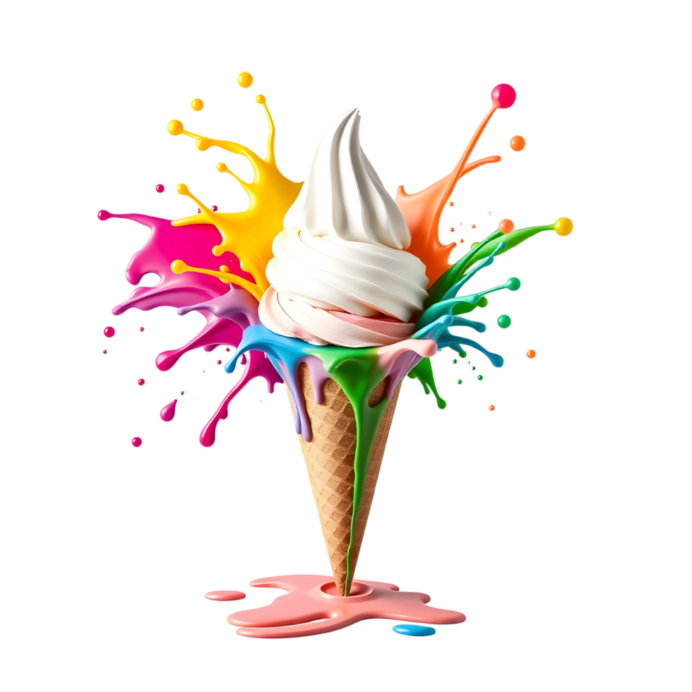 Ice cream splashing with colorful paint on a black background png