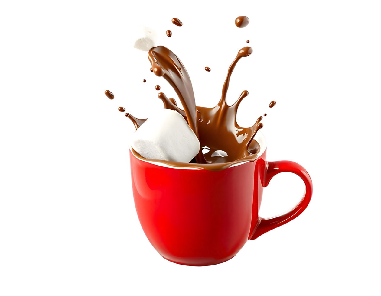 A cup of hot chocolate with marshmallows splashing into it png