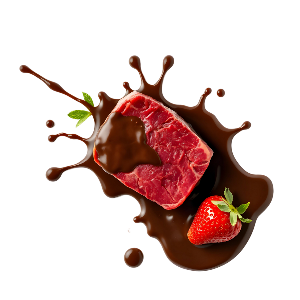 A piece of steak with chocolate sauce and strawberries png