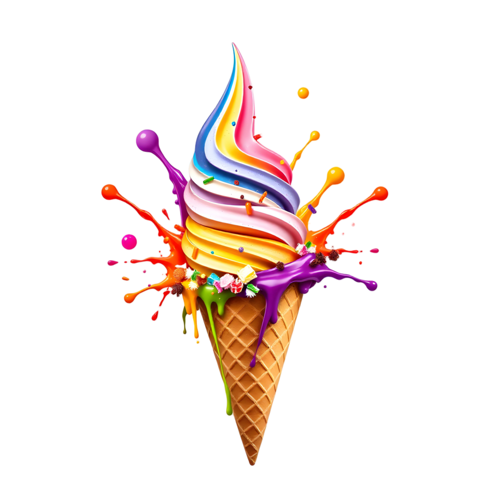Colorful ice cream in a waffle cone with splashes of paint png