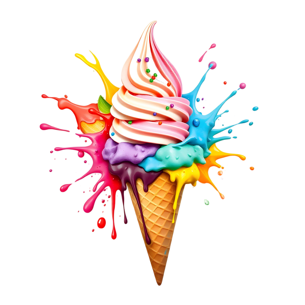 An ice cream cone with colorful paint splashes png