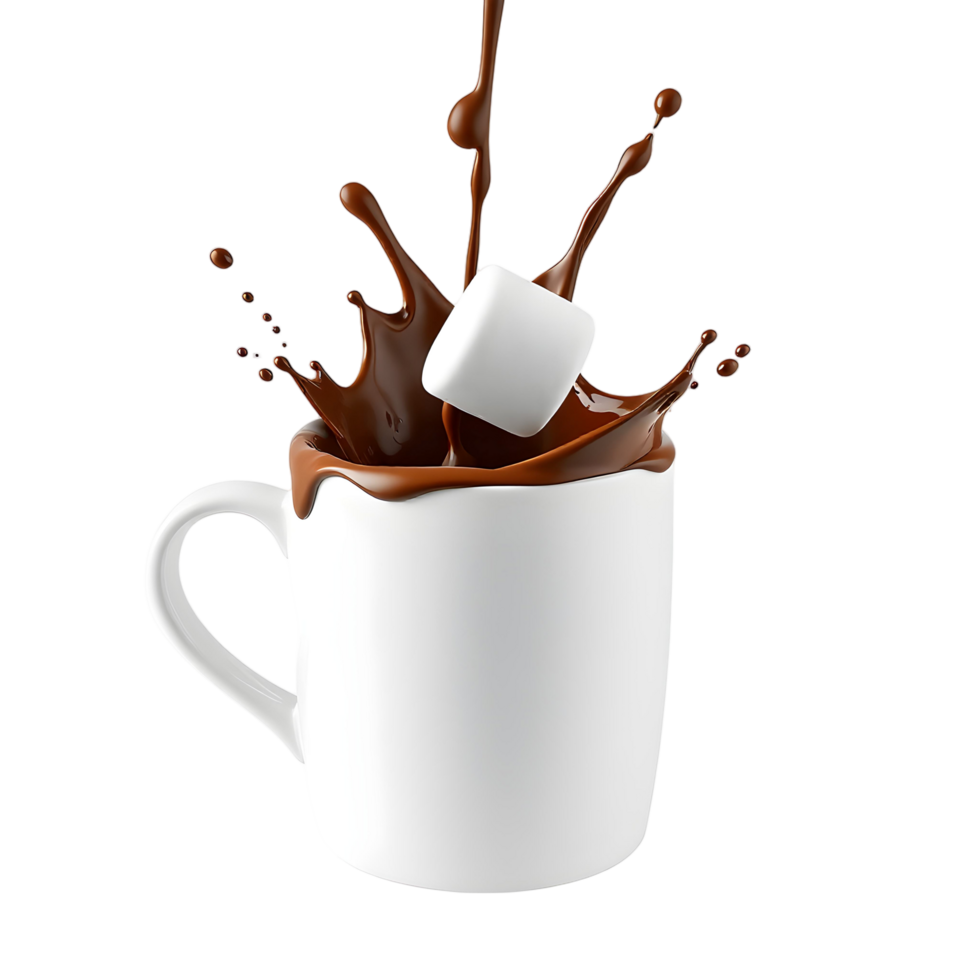 A cup of hot chocolate with marshmallows being splashed into it png