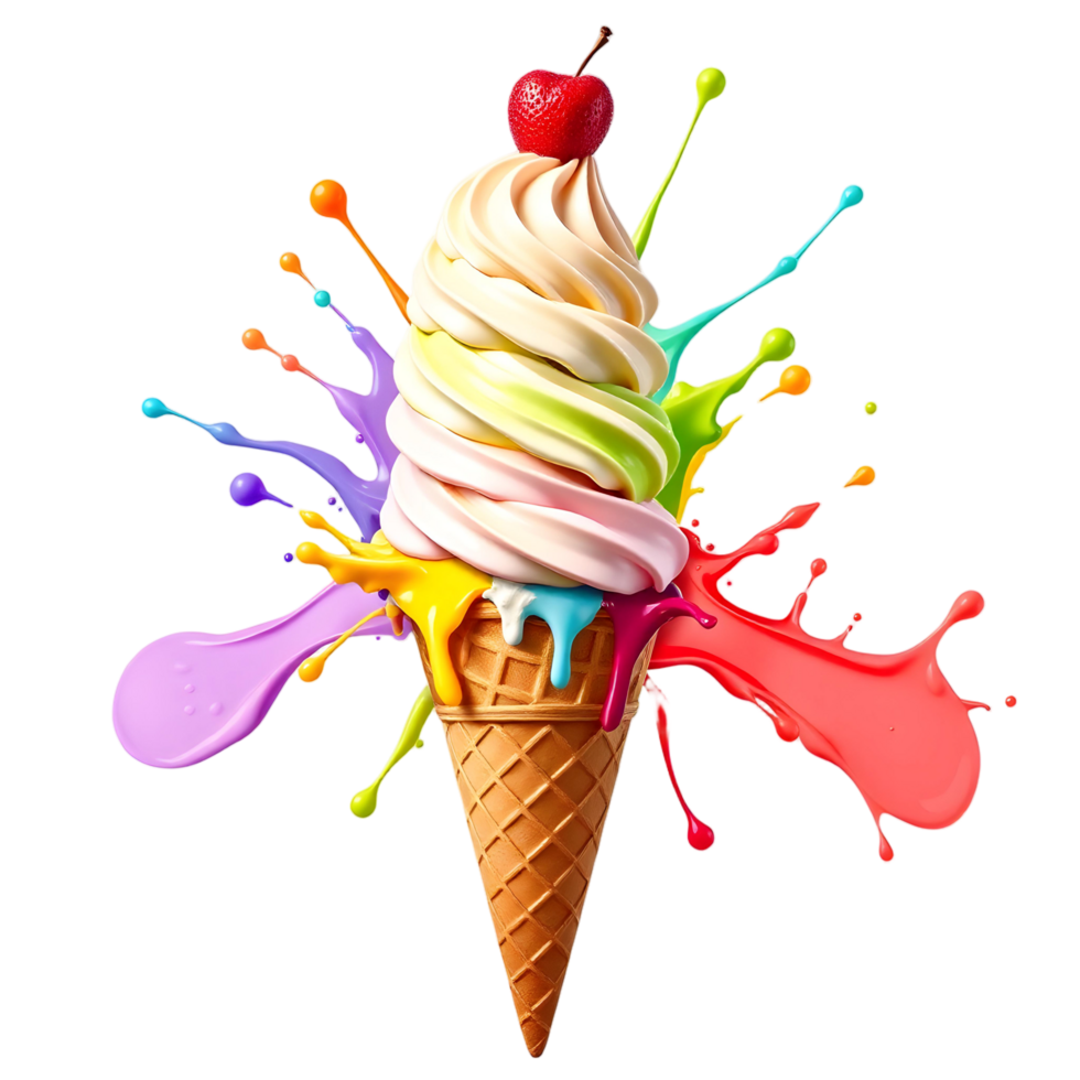 An ice cream cone with colorful paint splashes png