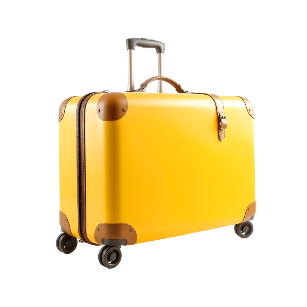 A yellow suitcase with wheels on a black background png