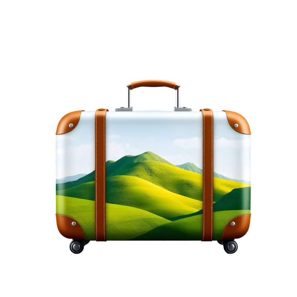 uma mala de viagem com uma verde Colina e uma verde vale png