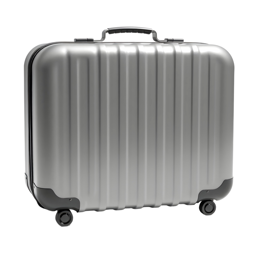 A silver suitcase on wheels with wheels png